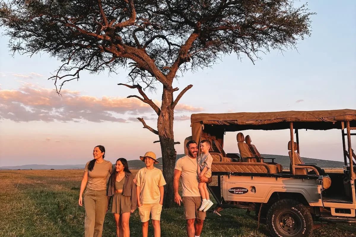 A rhino family crossing at golden hour
