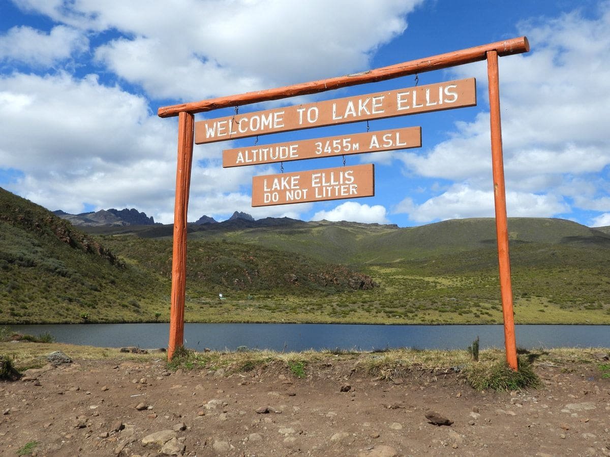 Mount Kenya's peaks seen from the moorland near Lake Ellis