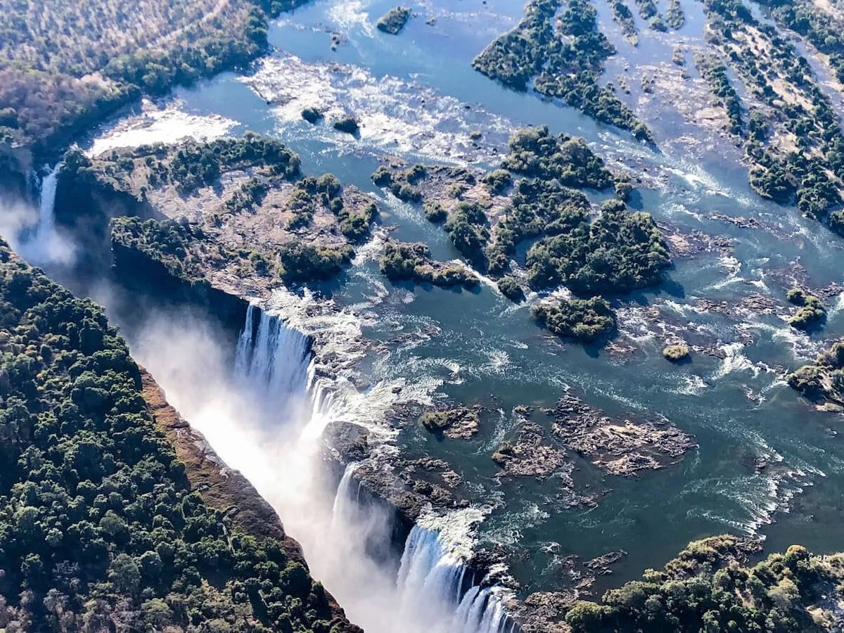 Aerial view of Victoria Falls, the gorge and the Zambezi below